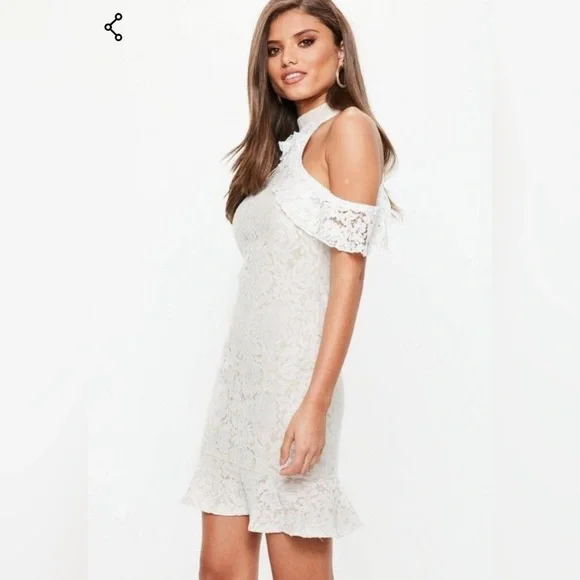 Women's Missguided White Lace High Neck Flippy Hem Dress, Size 4